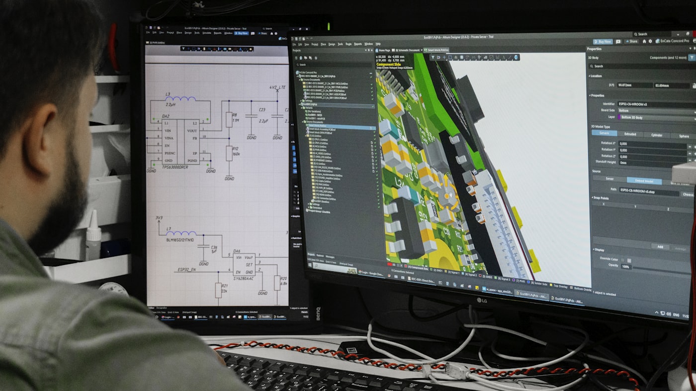 A dual-monitor engineering workstation showing a circuit schematic and a 3D board layout