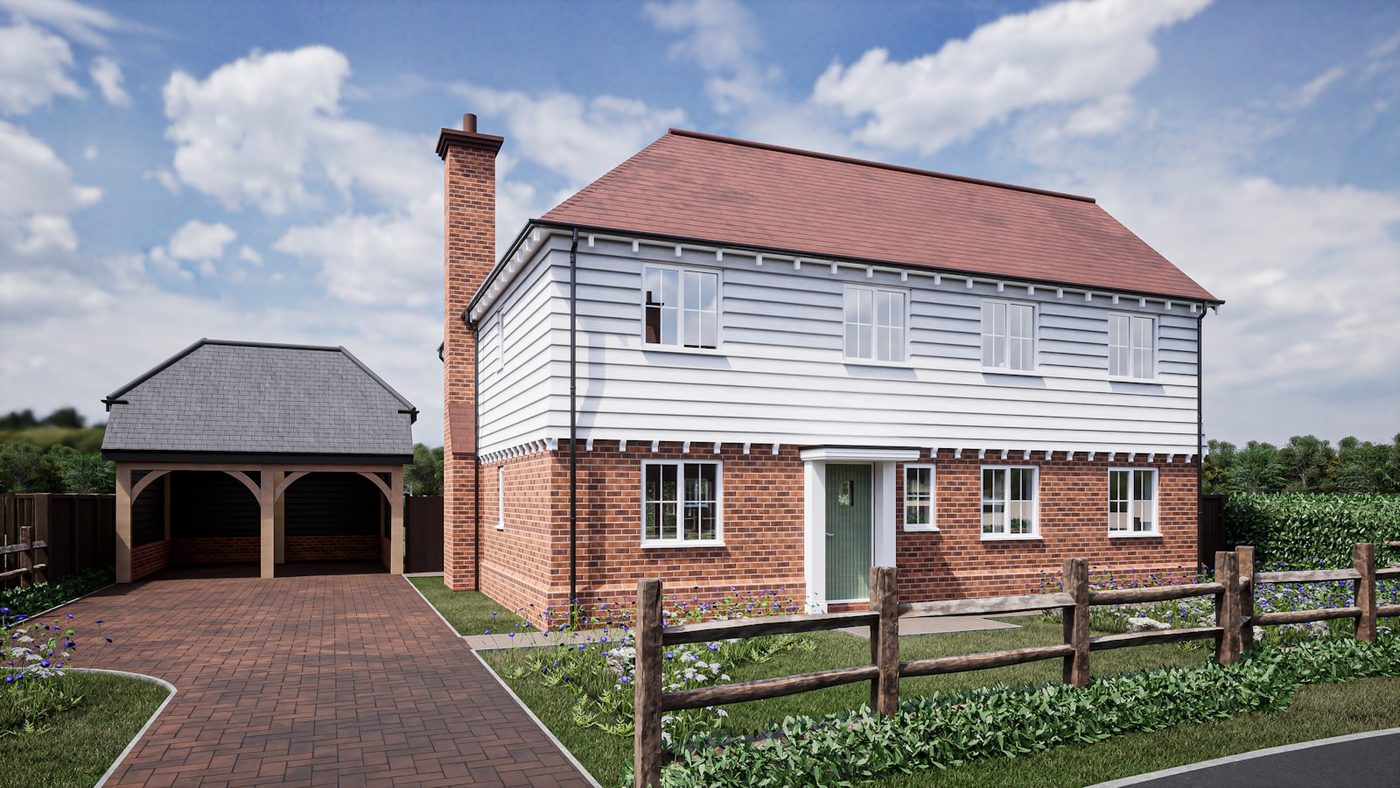 A photorealistic render of a house exterior with its driveway and garden